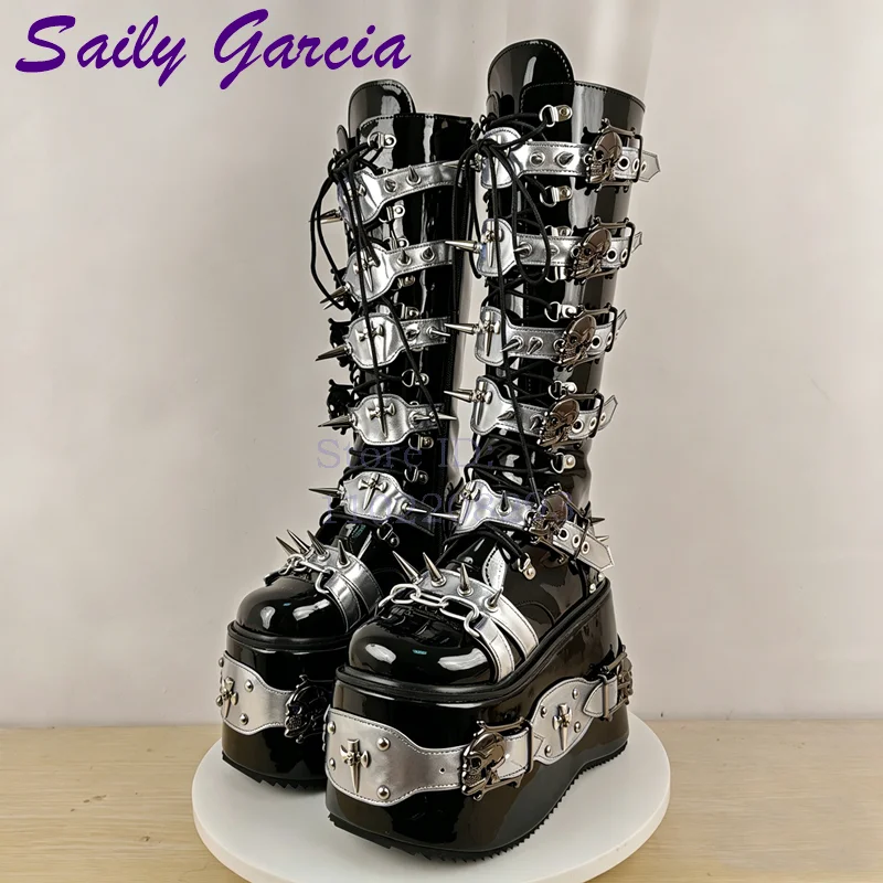 Skull Rivet Punk Knee-high Boo - Sewing Zipper ulasan dan harga
